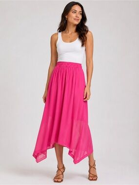 DKNY Handkerchief Hem Mixed Media Pull On Elastic Waist Maxi Skirt Pink XL NWT